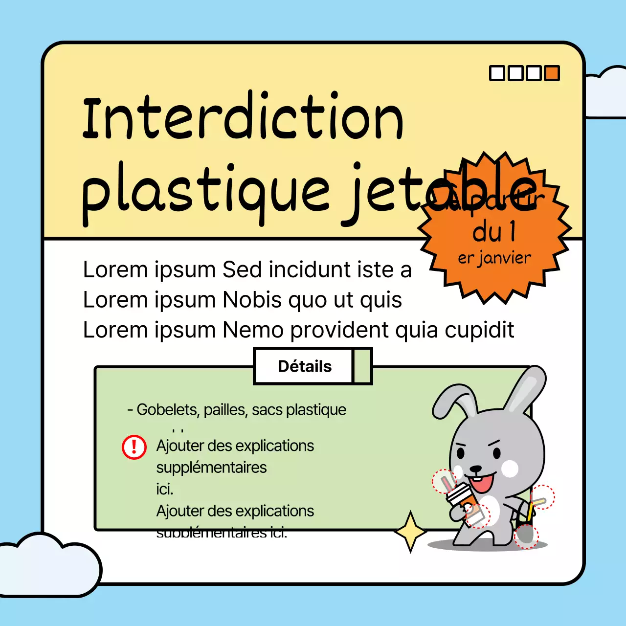 L'introduction des changements de politique de cette année se fait avec un joli lapin dans une palette de couleurs bleu clair et vert.