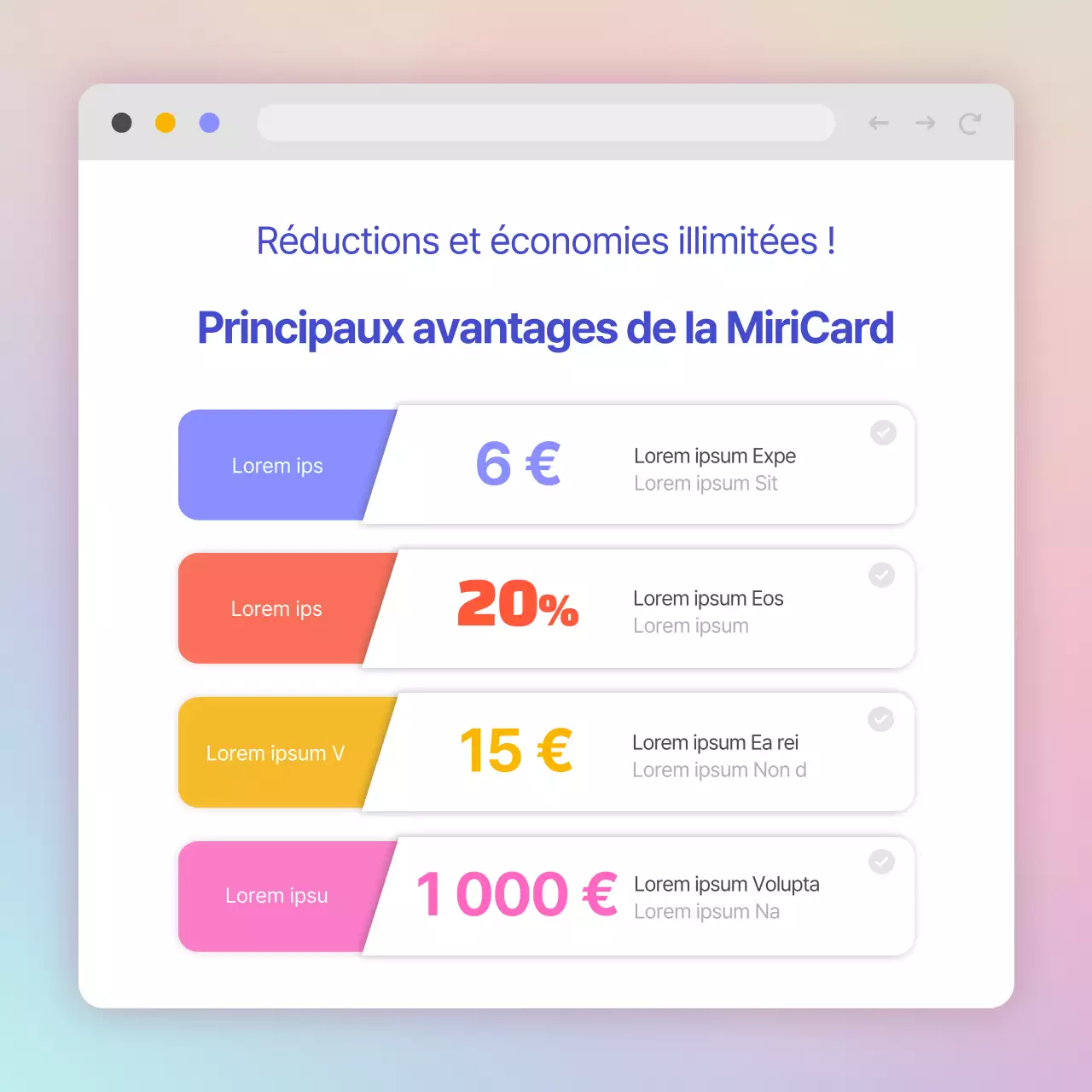 Offres de cartes de crédit dans un concept d'écran web avec des dégradés de violet et de menthe
