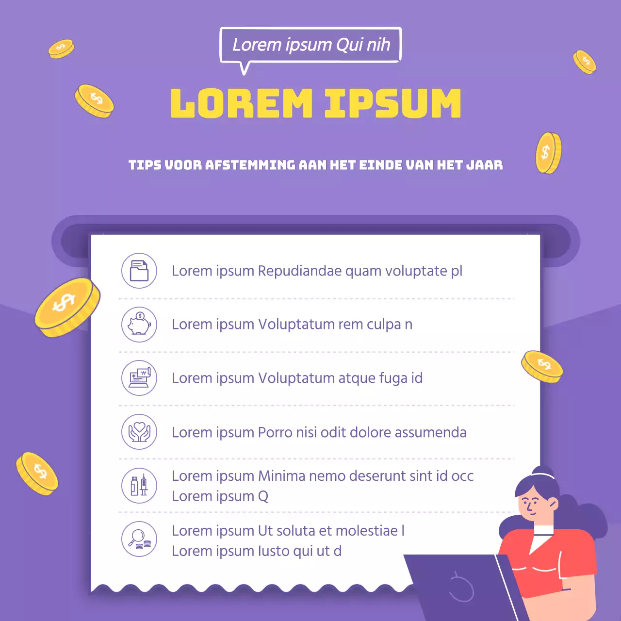 Fiscale eindejaarstips met illustraties op een paarse achtergrond