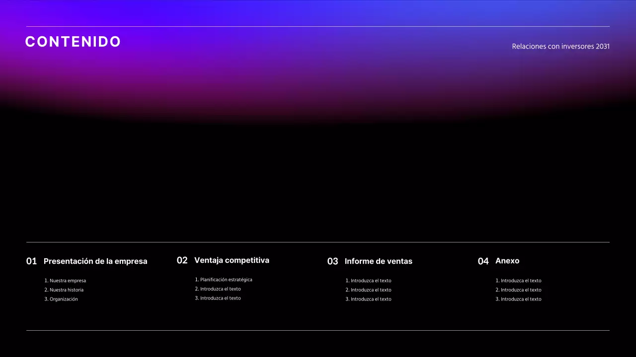 Presentación IR con gradiente negro, azul y rojo concepto de negocio
