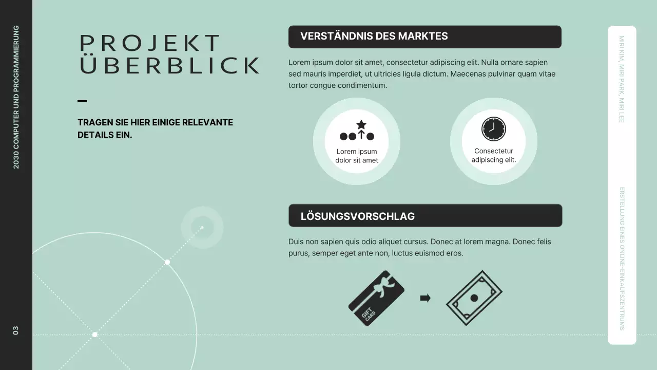 Präsentieren Sie eine saubere Projektübersicht mit schwarzen und mintfarbenen Grafiken