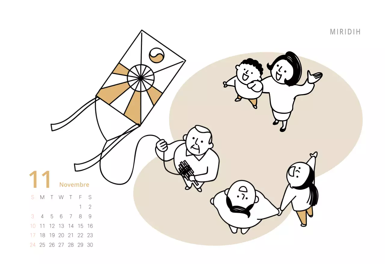 Calendrier de bureau illustré vert sur le thème de la famille