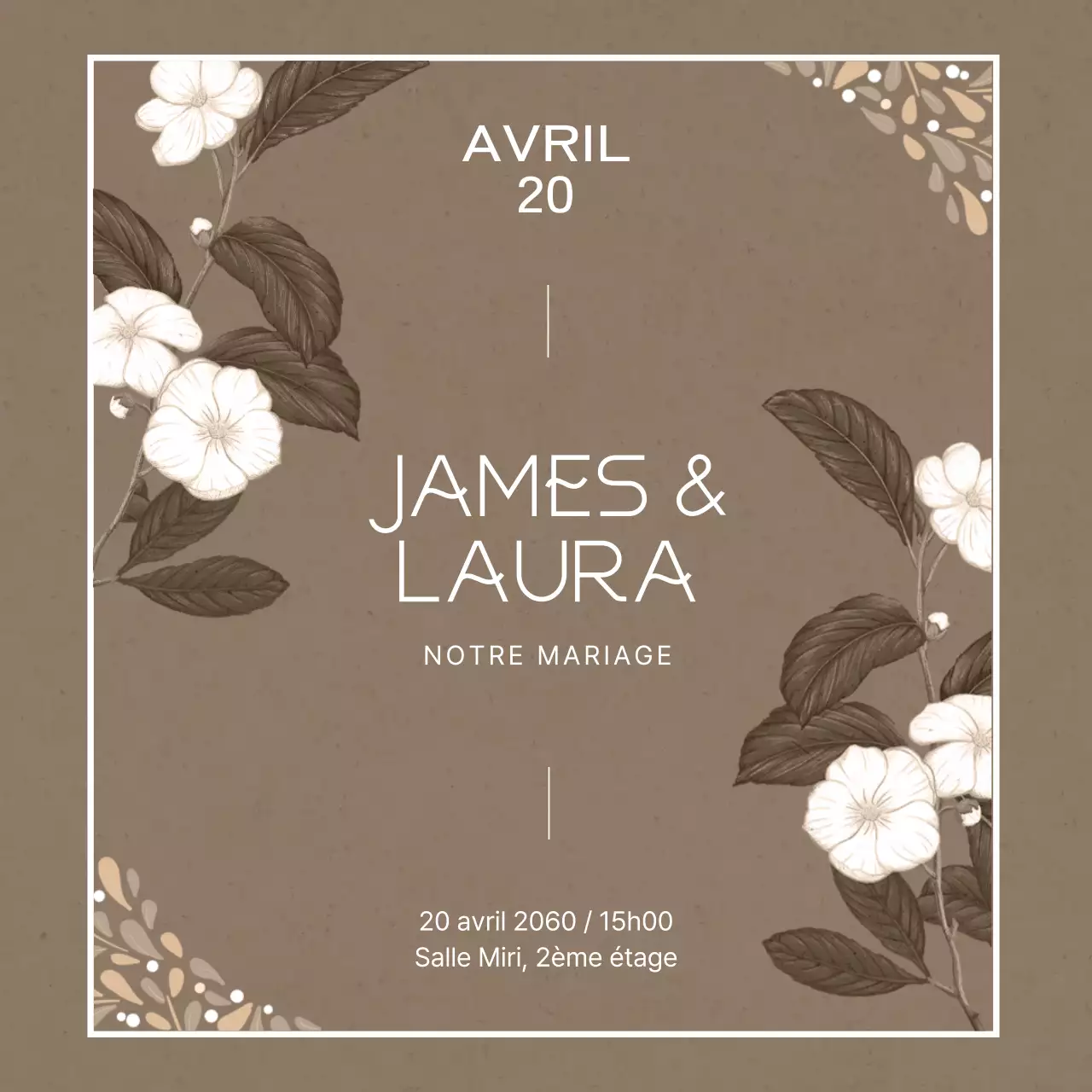Une invitation de mariage sentimentale avec un motif floral beige