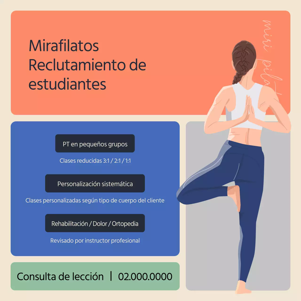 Cuello de tortuga Pilates Rehabilitación Información en azul y naranja