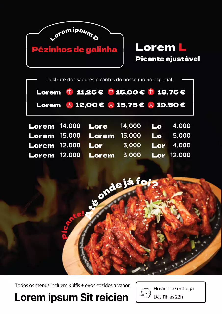 Menu de pés de galinha de restaurante elegante realçado por uma fotografia vermelha