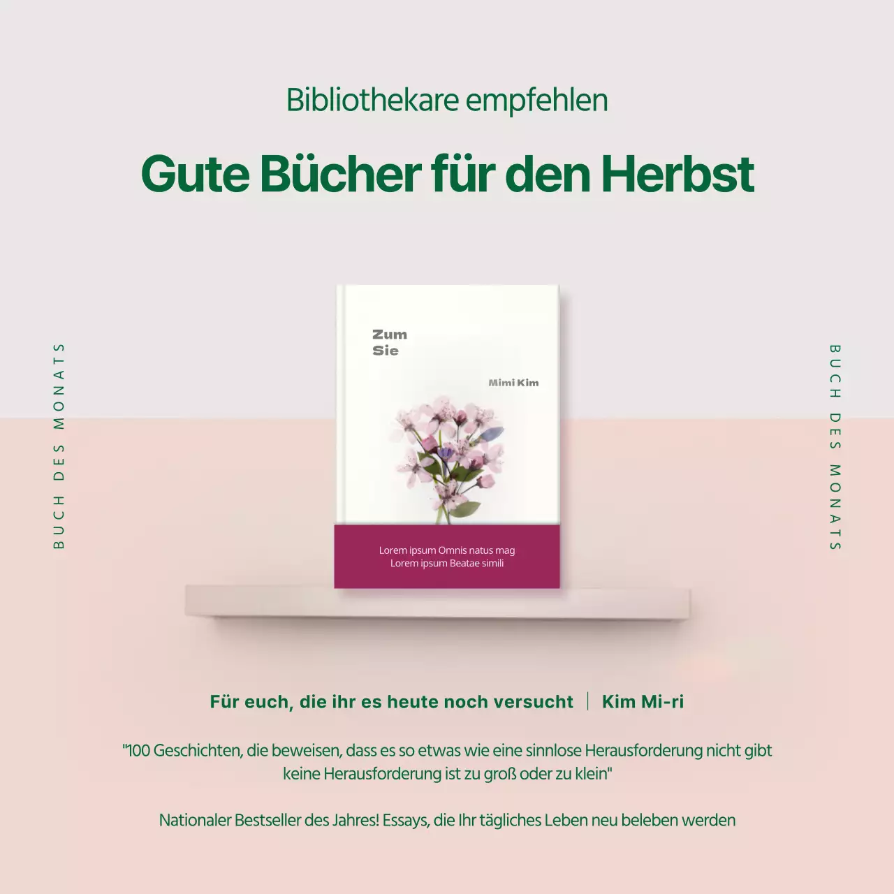 Förderung eines Buches des Monats mit grünen und rosa Regalbüchern
