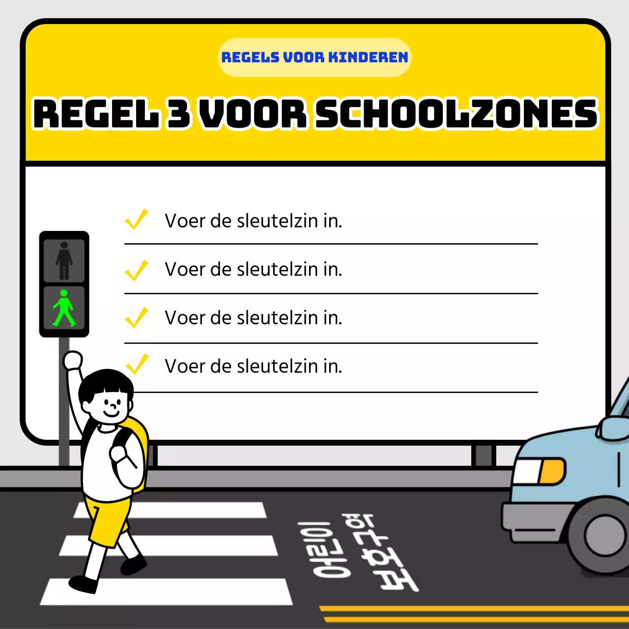 Tips voor verkeersveiligheid in schoolzone met geel en blauw bordconcept