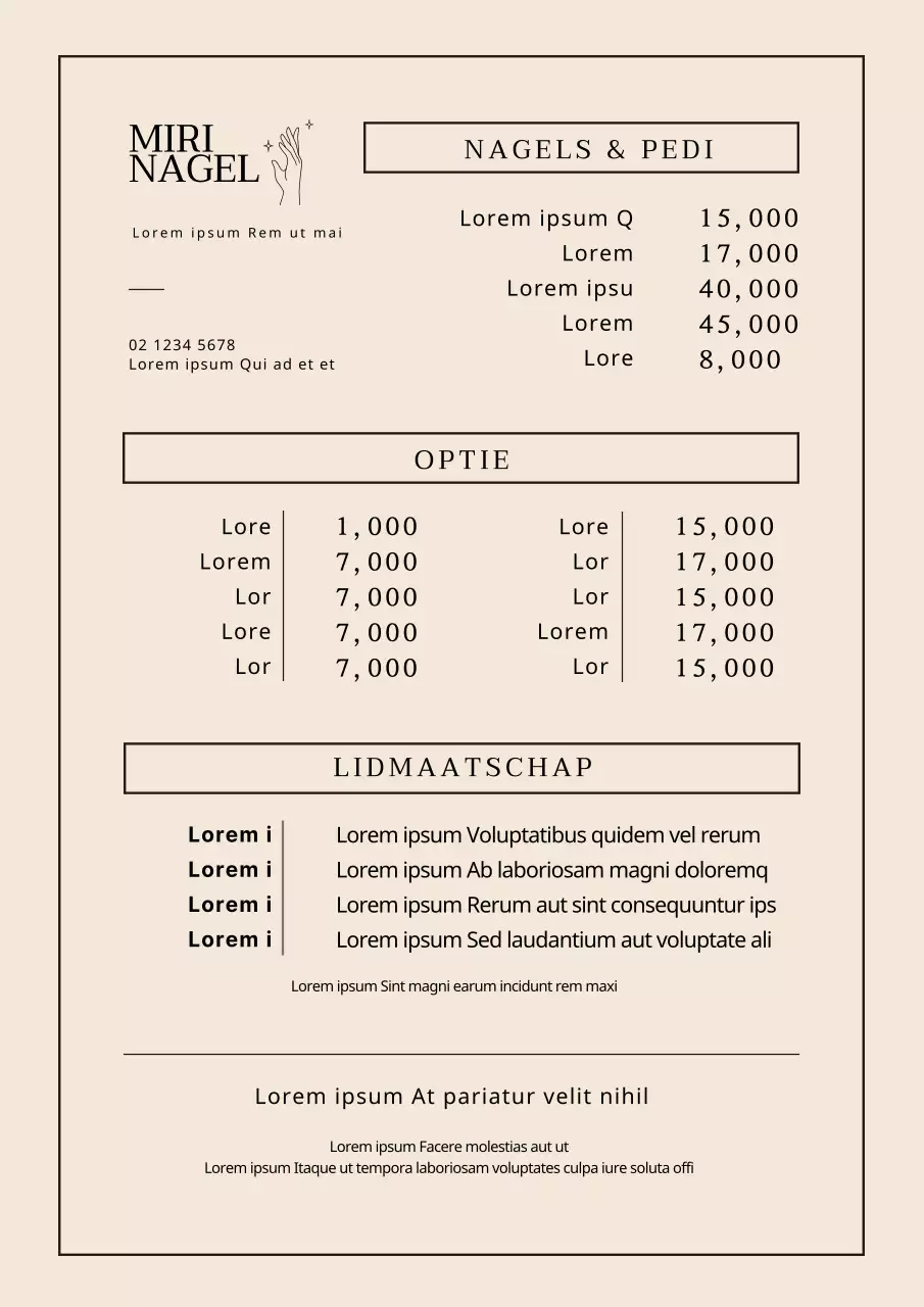 Schoon nagelstudio menu met bruine letters