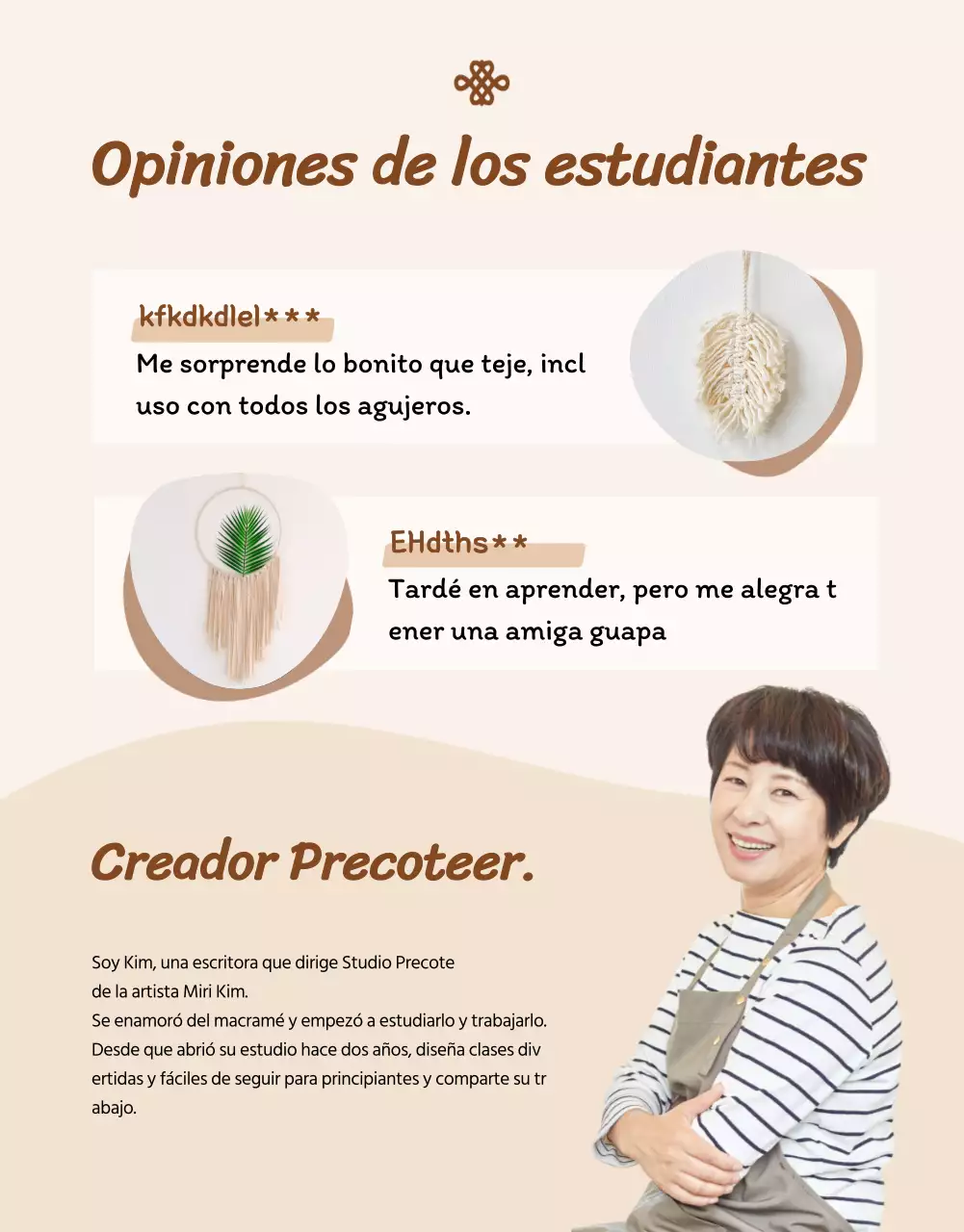 Información sobre una clase de manualidades que combina ilustraciones abstractas en beige y fotografía