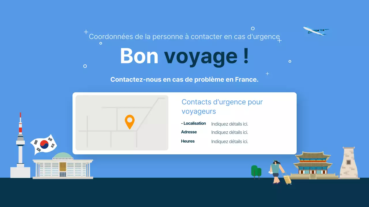 Guide de voyage illustré bleu et bleu marine pour la Corée du Sud