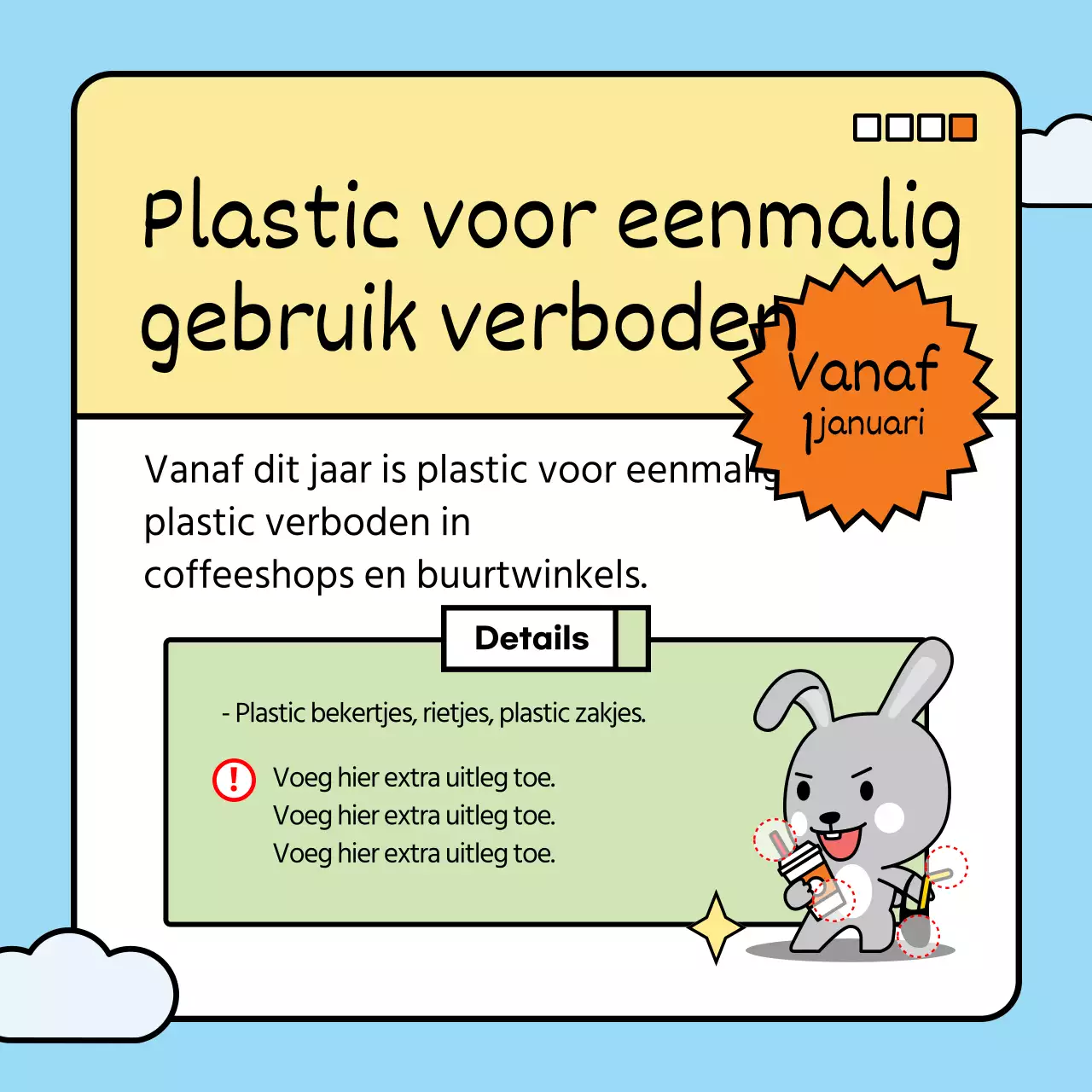 Introductie van de beleidswijzigingen van dit jaar met een schattig konijntje in een lichtblauw en groen kleurenschema