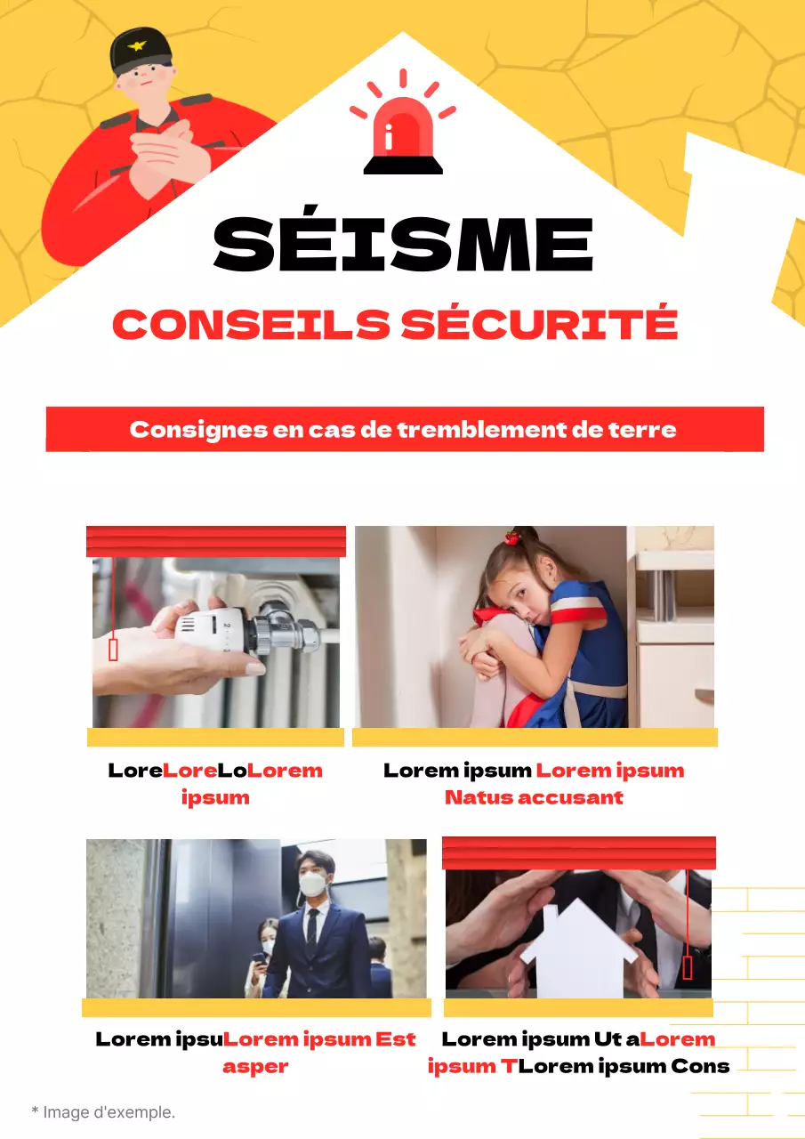 Manuel d'évacuation en cas de tremblement de terre avec illustrations jaunes et rouges de pompiers