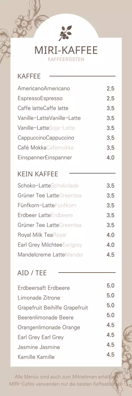 Café-Menü-Tafel-Banner mit botanischer Illustration in Braun