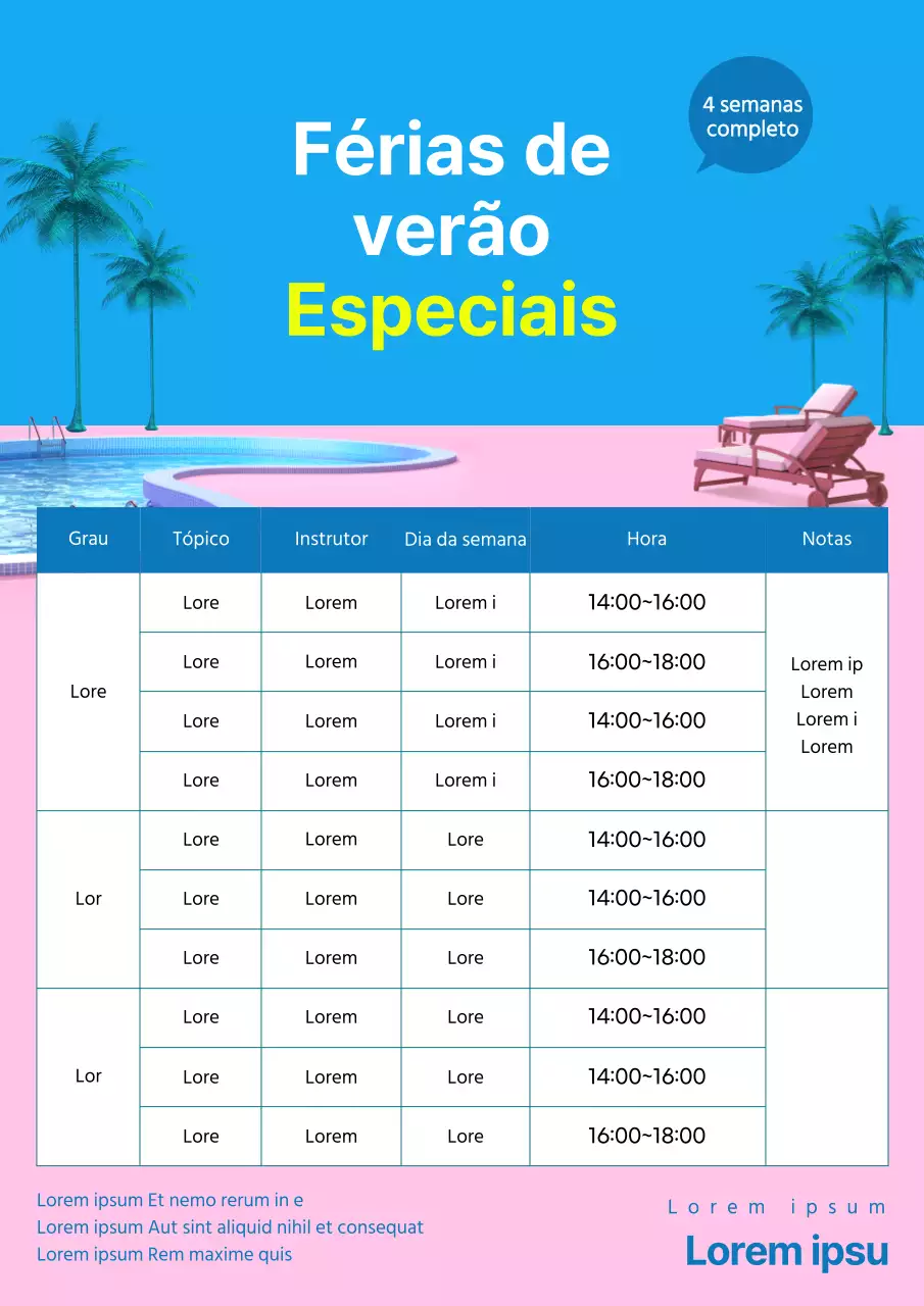 Folheto azul e cor-de-rosa de promoção do calendário escolar de verão para as férias de verão