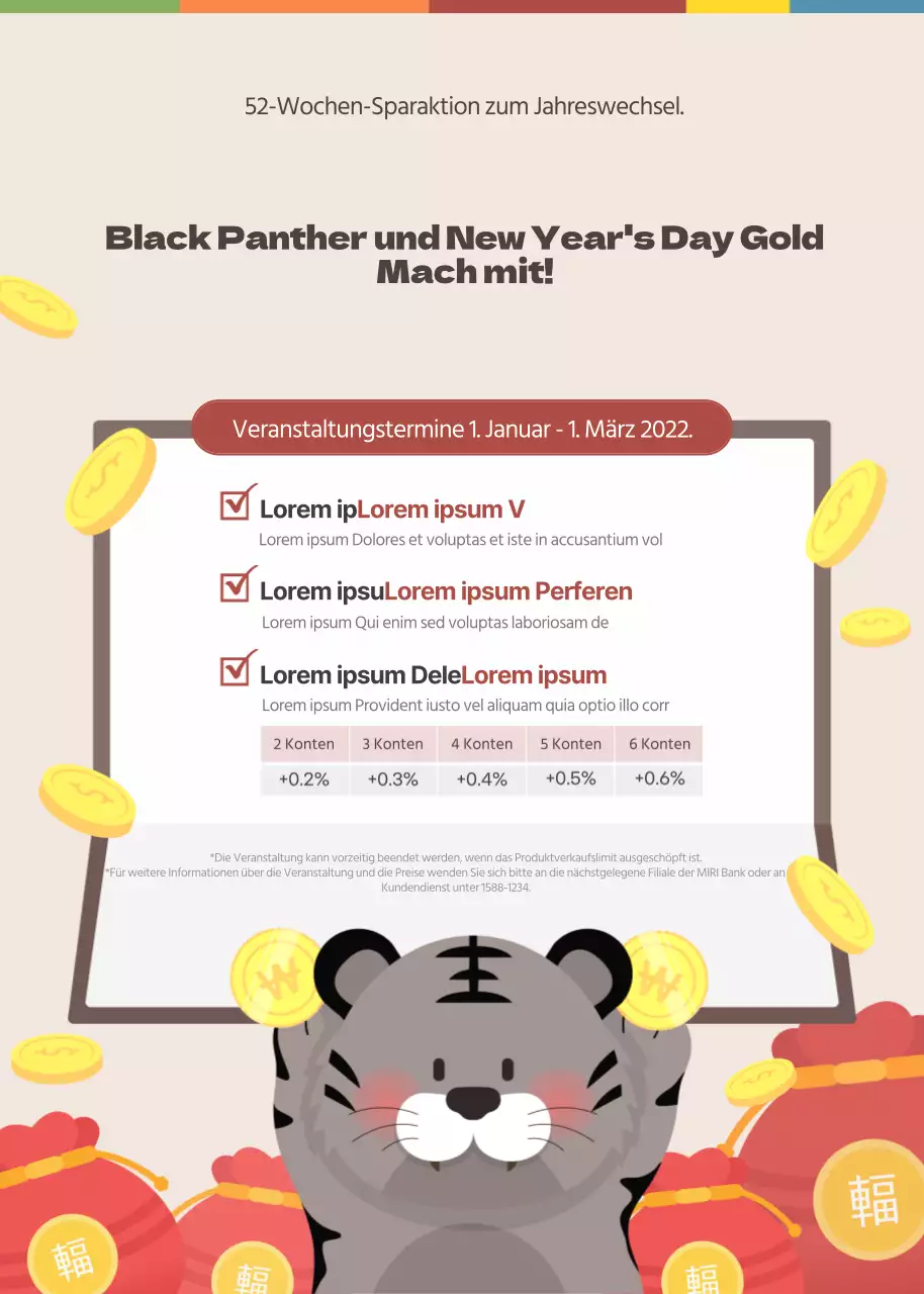 Aprikosenfarbene Sparveranstaltung zum Jahr des Tigers