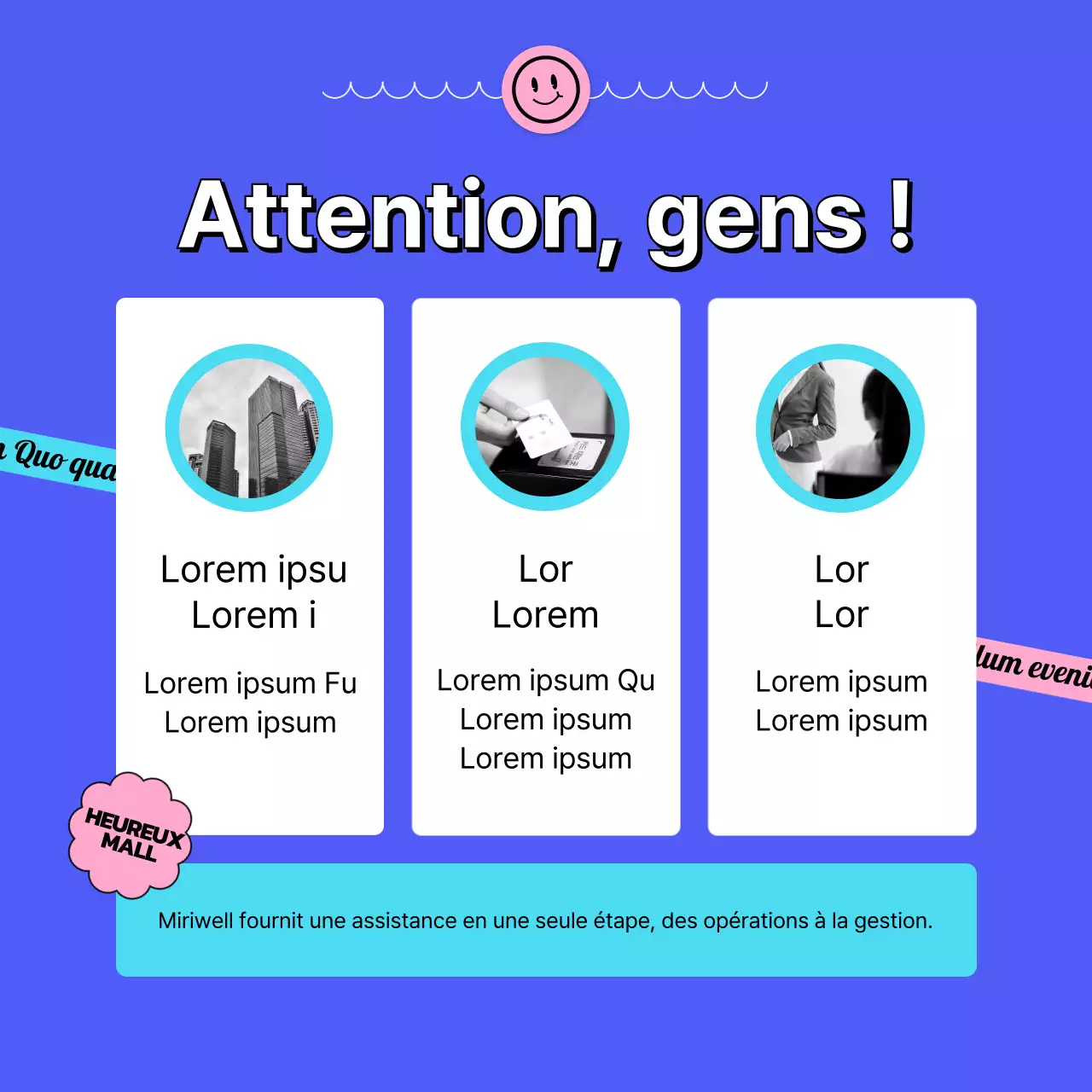 Expliquer le centre commercial bleu avec un concept d'autocollant CardNews