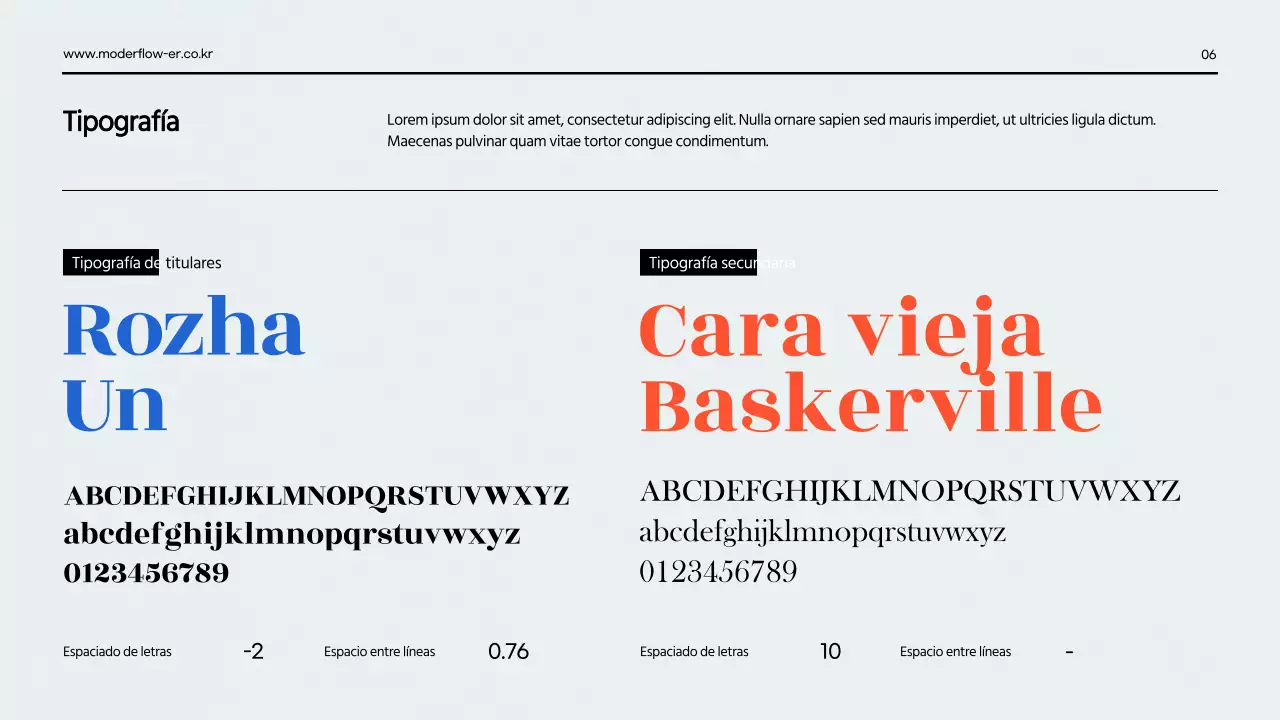 Una presentación limpia de la guía de marca en rojo y azul