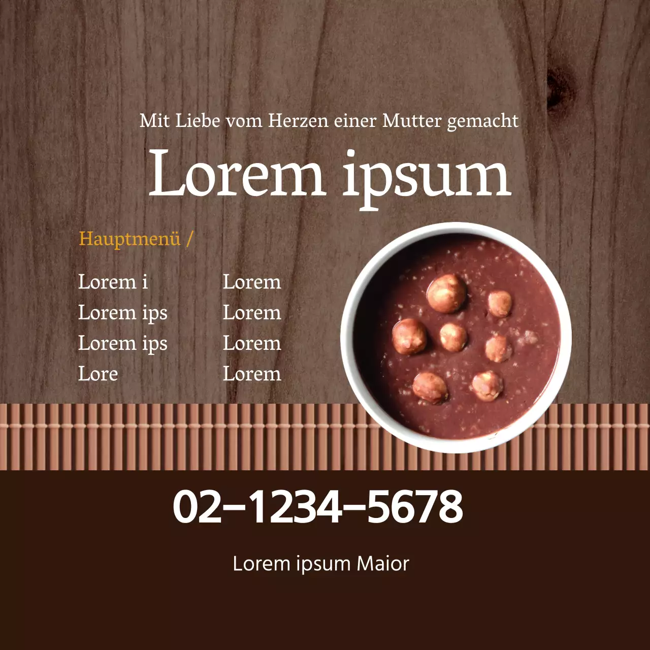 Gepflegtes Restaurant-Brei-Menü-Etikett mit braunem Fotohintergrund