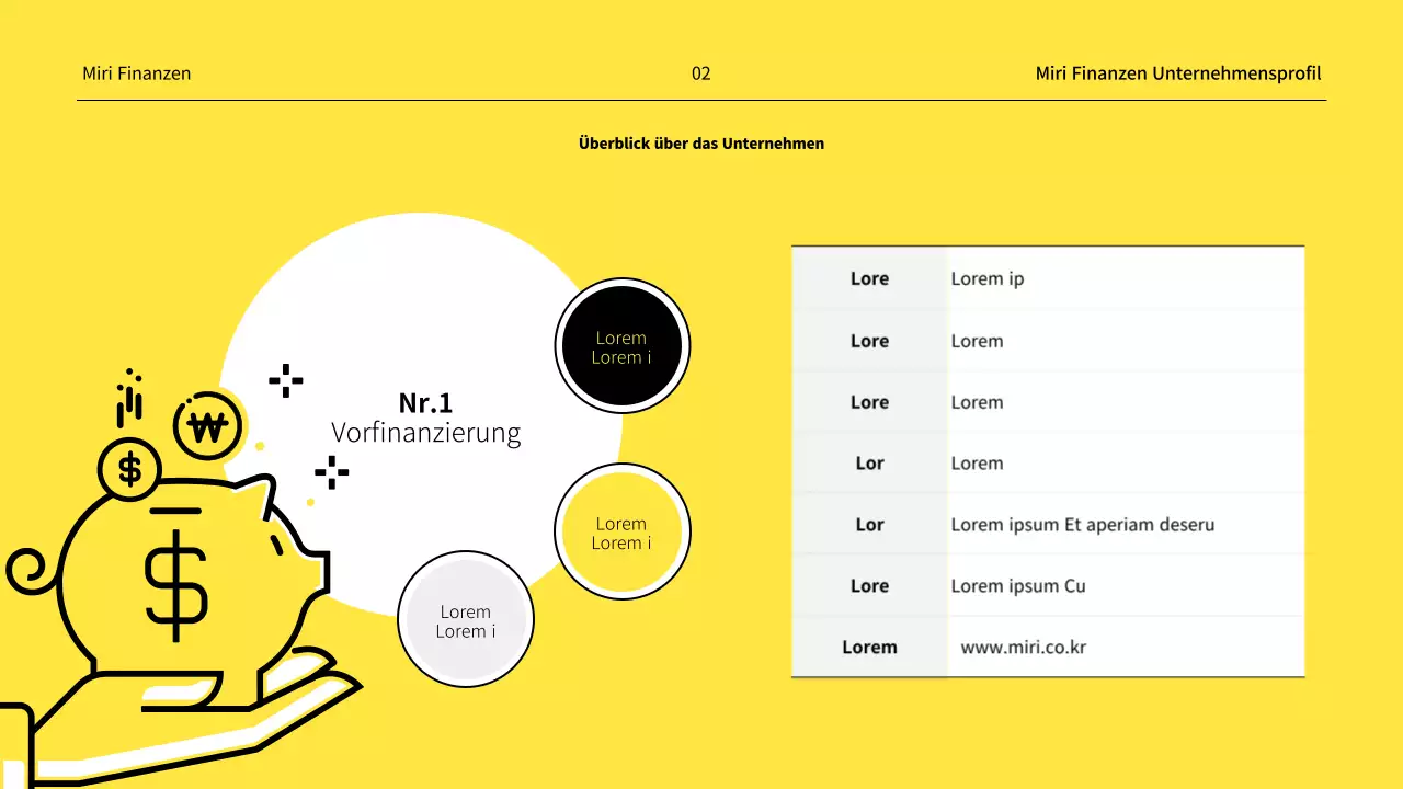 Ein minimalistisches Finanzunternehmensprofil in Gelb und Weiß