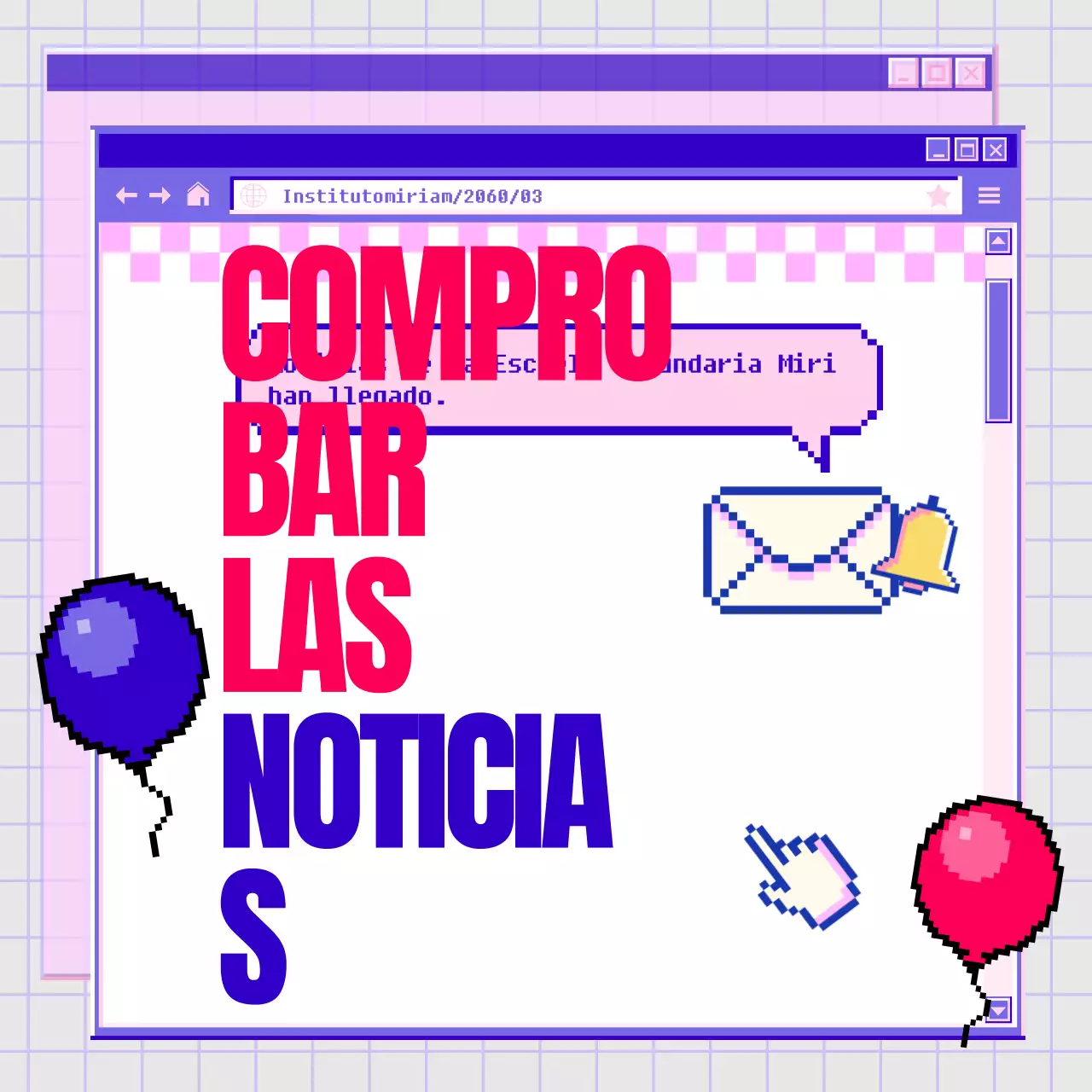 Un navegador morado y rosa con anuncios kitsch de noticias escolares