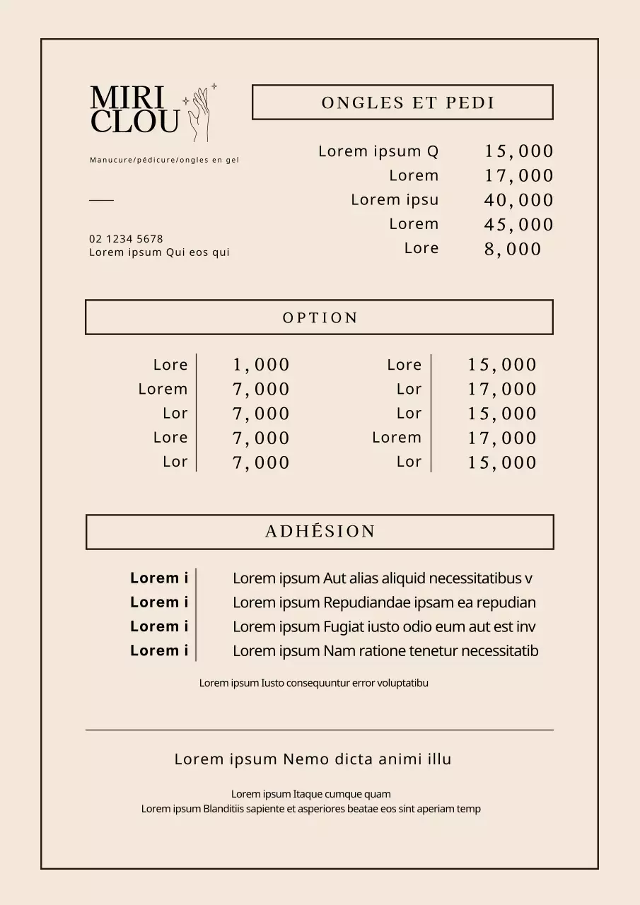 Menu propre d'un salon de manucure avec des lettres brunes