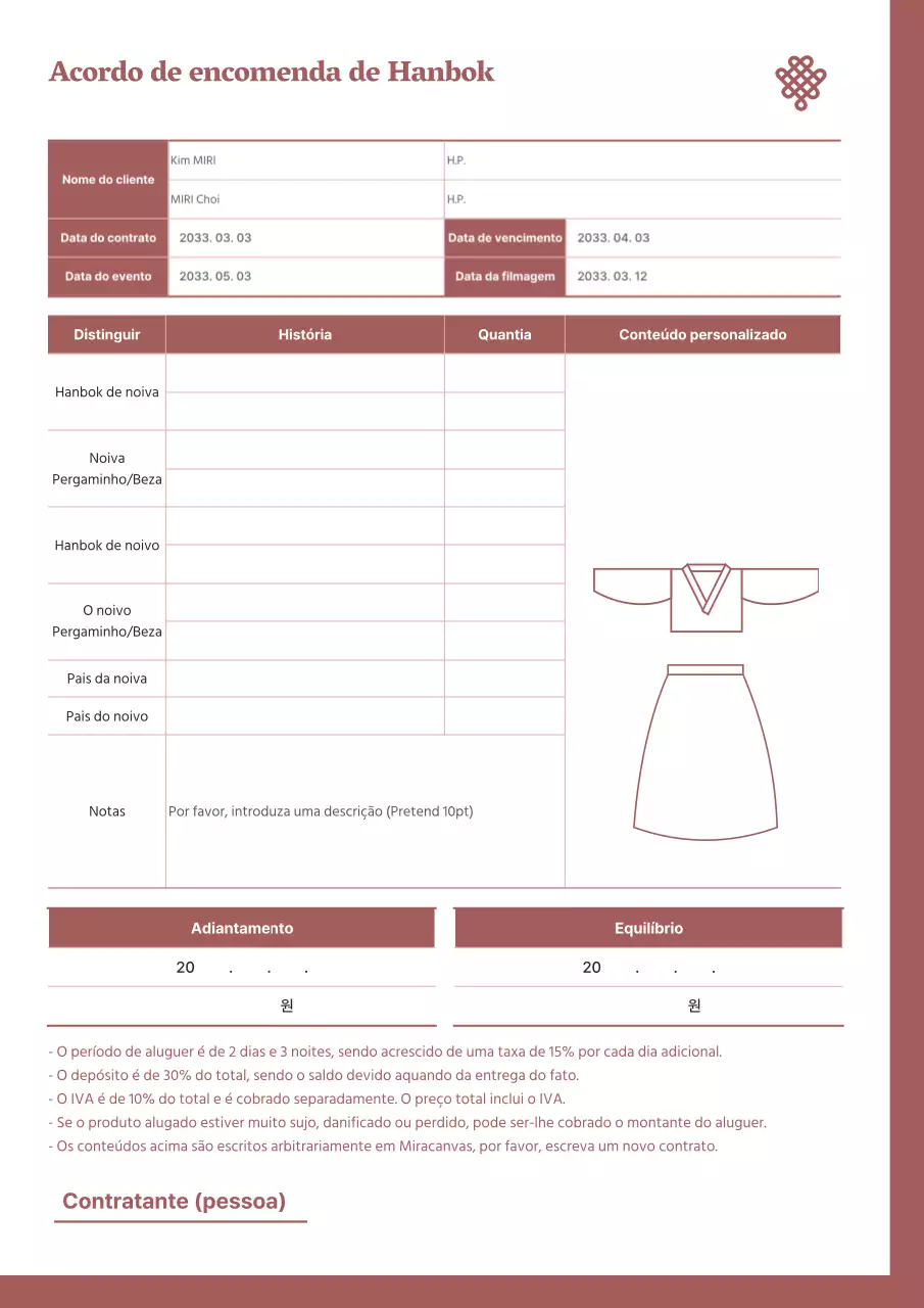 Contrato de encomenda de hanbok comercial simples e tradicional castanho
