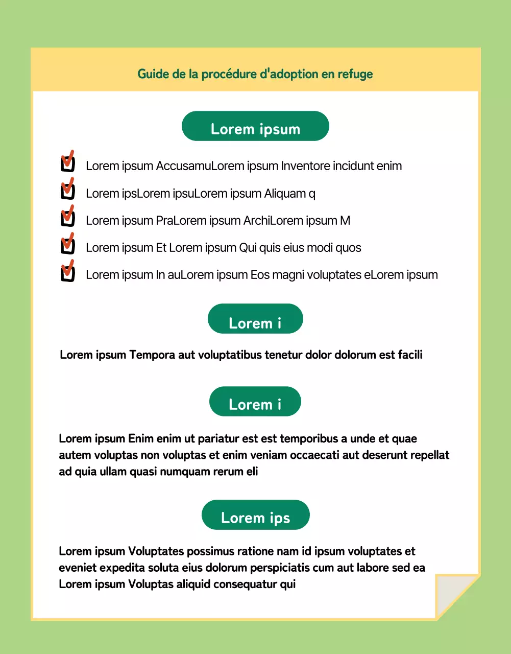 Page verte et jaune sur les détails de l'adoption d'un animal de compagnie