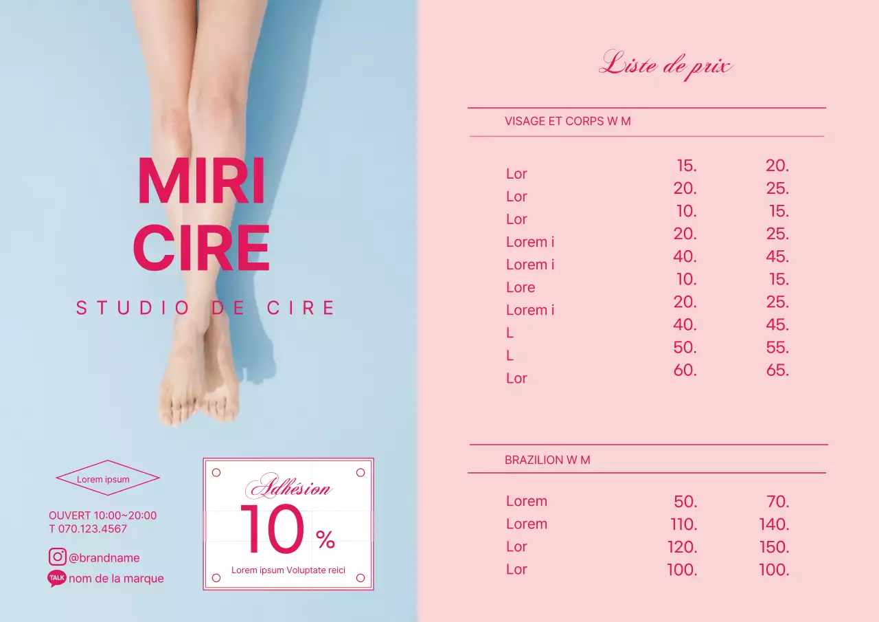 Menu propre d'un magasin d'épilation à la cire avec photo rose en surbrillance