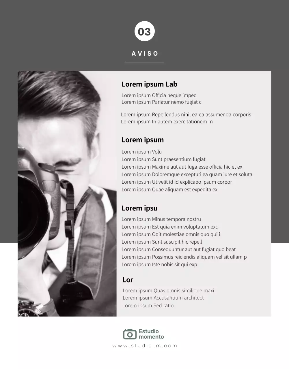 Página detallada del estudio fotográfico con tonos de color en blanco y negro