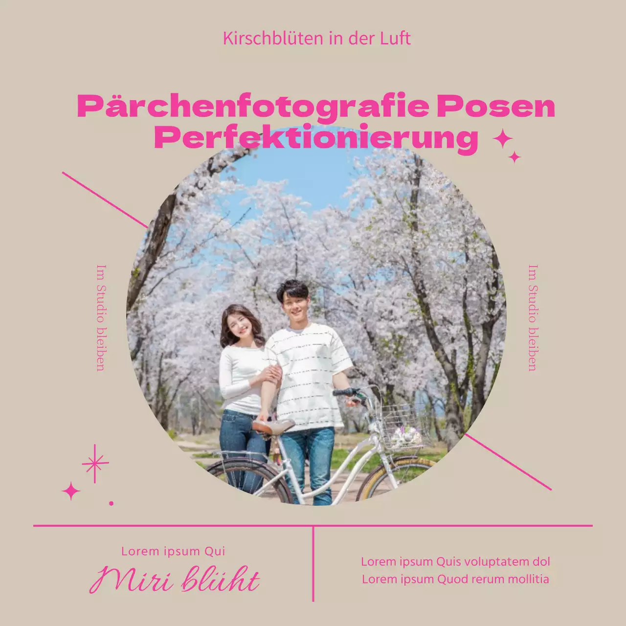 So posieren Sie für ein fröhliches Kirschblütenpaar mit rosa Schriftzug