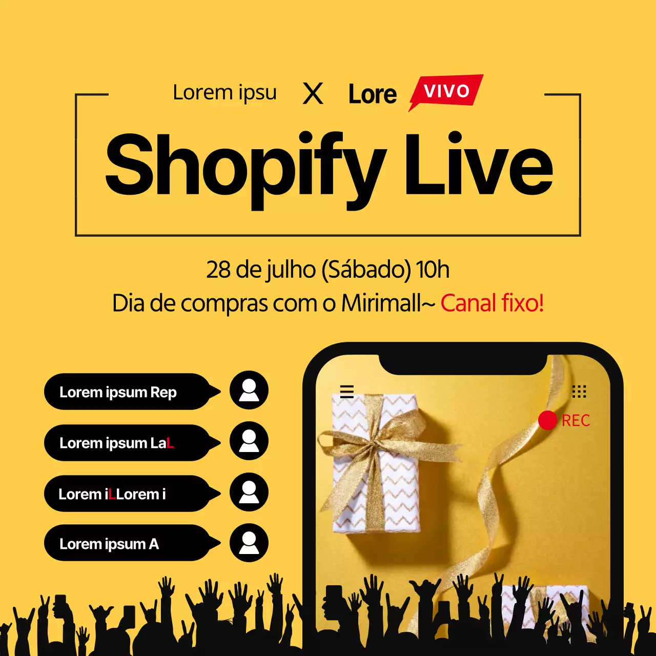 Compras ao vivo com telemóvel amarelo e preto conceito de chat
