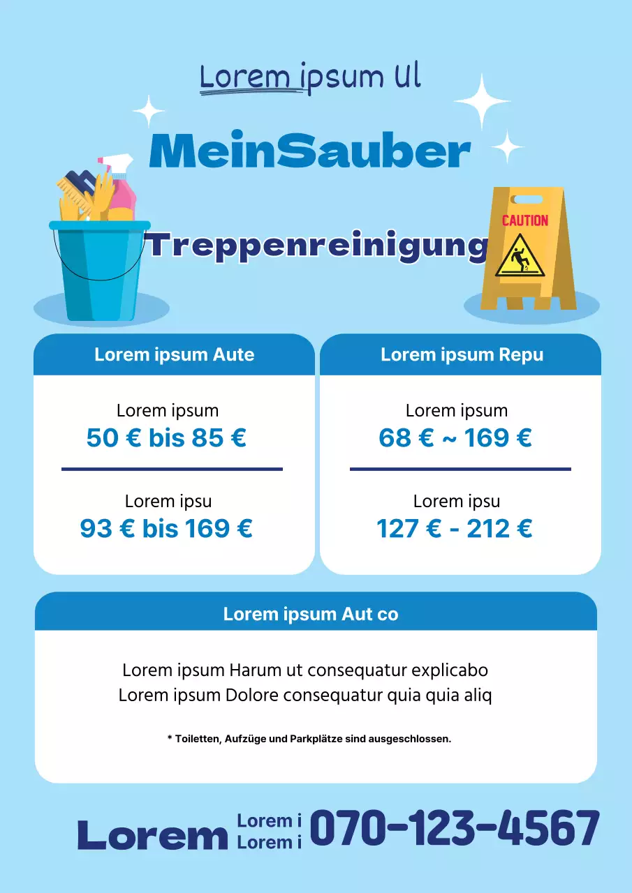 Blaue Illustration, die für einen sauberen Reinigungsdienst wirbt