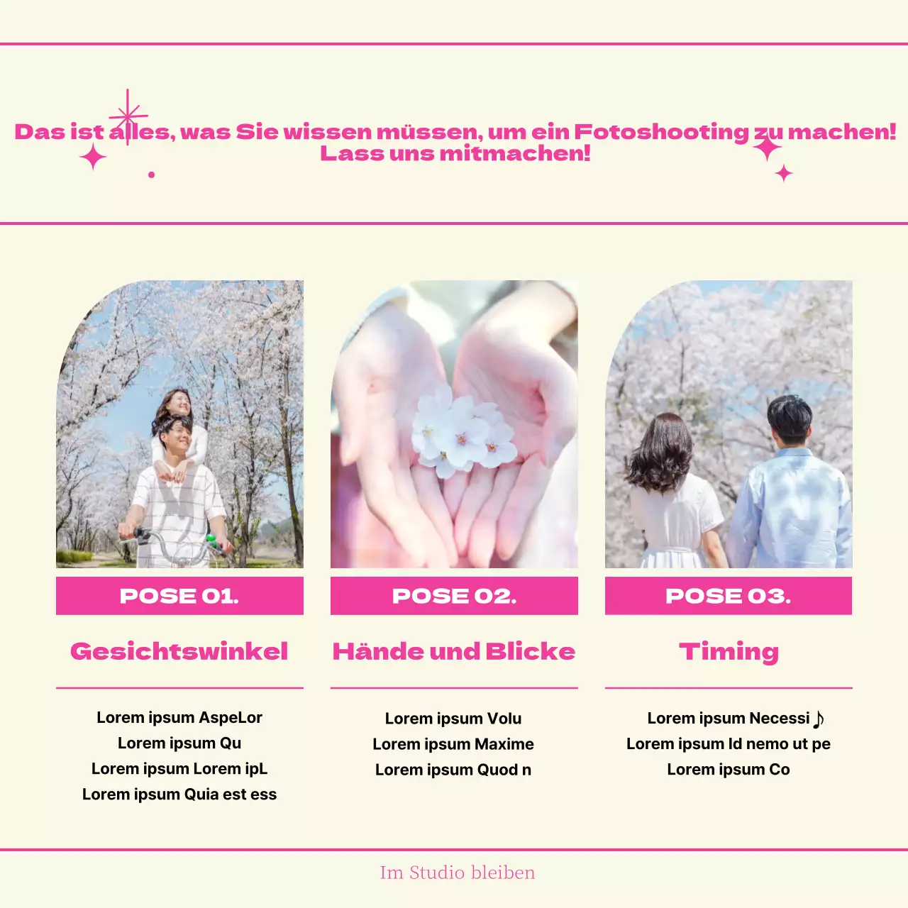 So posieren Sie für ein fröhliches Kirschblütenpaar mit rosa Schriftzug