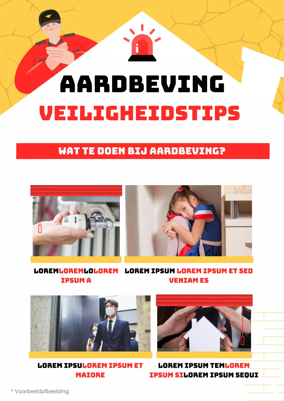 Handboek voor evacuatie bij aardbevingen met gele en rode brandweerillustraties