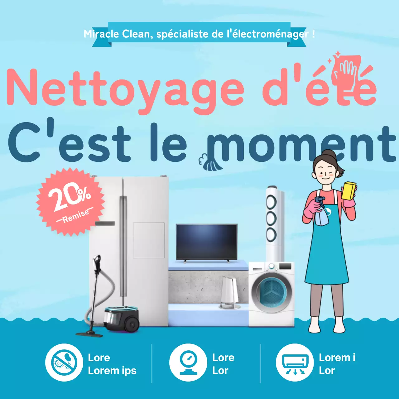 Événement de réduction pour le nettoyage des appareils électroménagers bleus