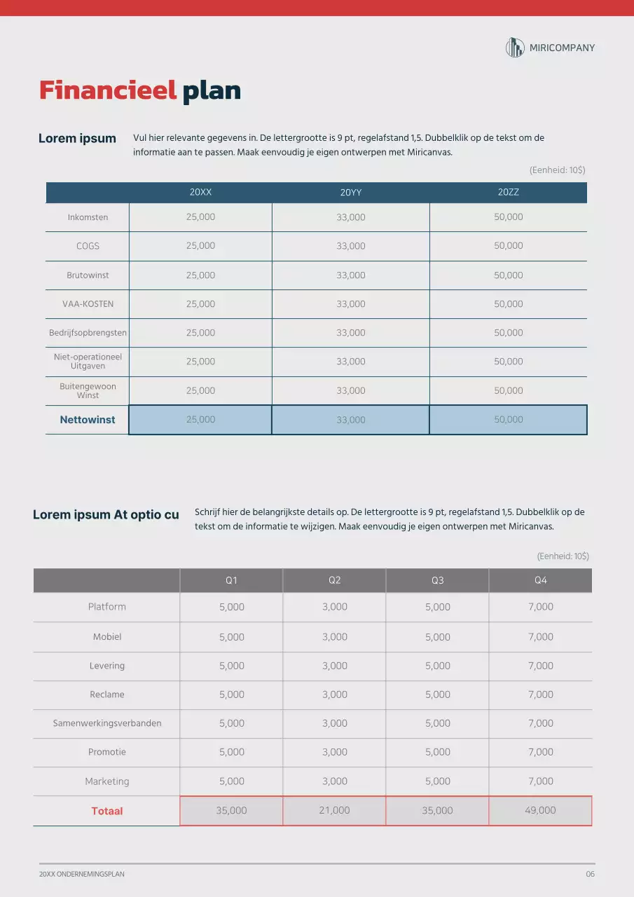 Grafisch concept ondernemingsplan in marineblauw en rood