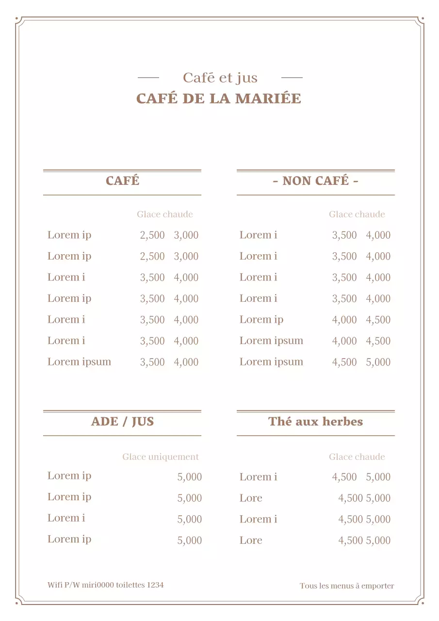Affiche simple du menu d'un café en blanc et marron