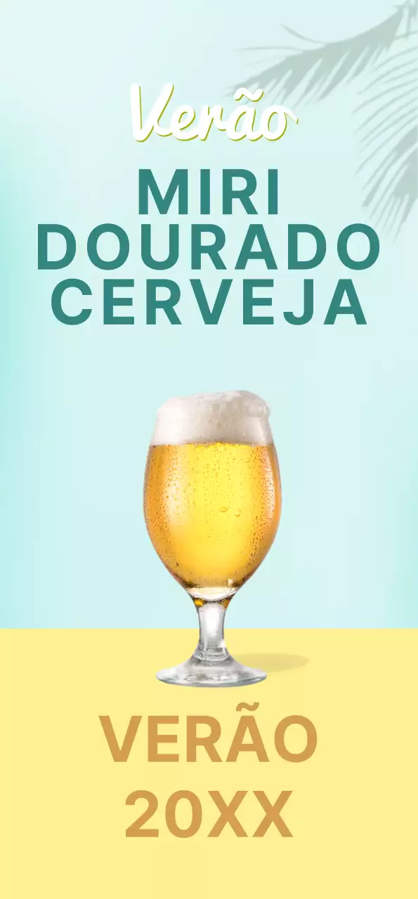 Faixa com cerveja amarela e sombra de palmeira sobre um fundo de menta