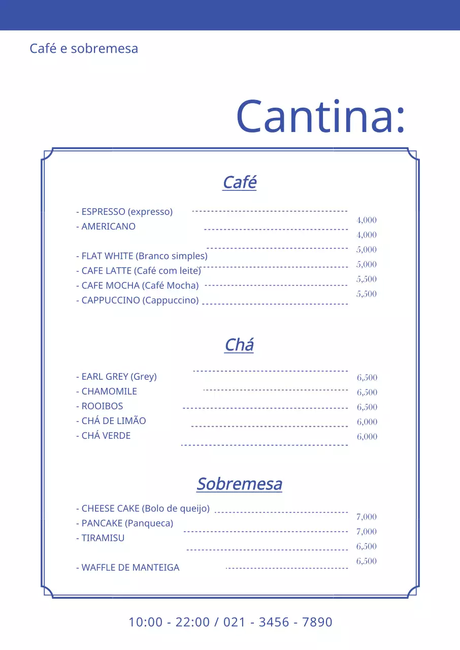 Quadro vertical de menu de café em azul com um conceito limpo e monótono