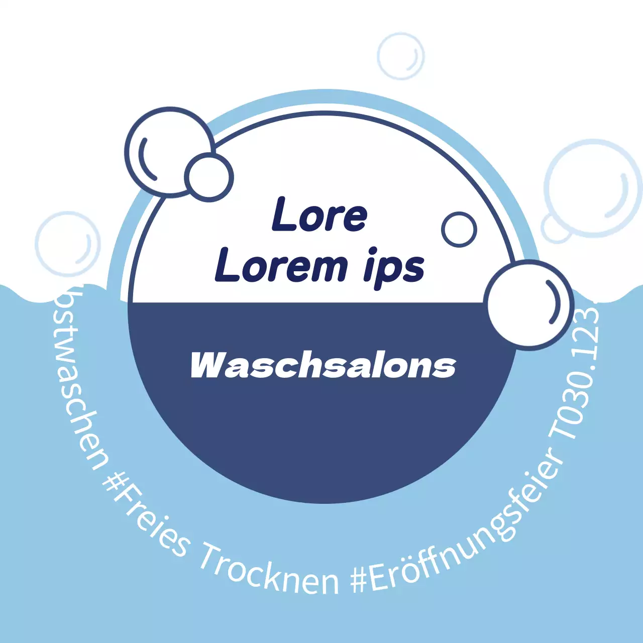 Blaue Illustration, die für einen sauberen Waschsalon wirbt