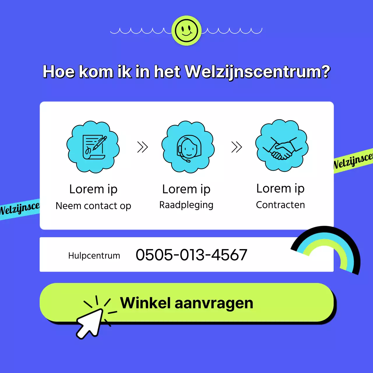 Uitleg over het blauwe welzijnscentrum met een stickerconcept CardNews