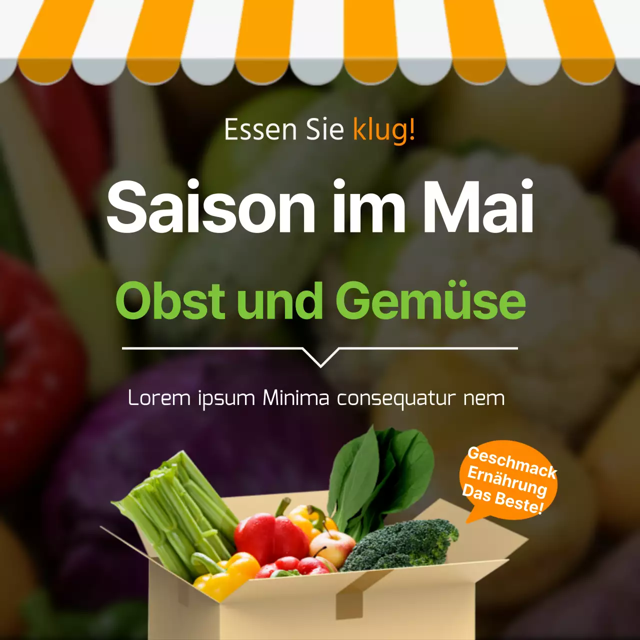 Obst und Gemüse der Saison im Mai CardNews Design in Gelb und Grün