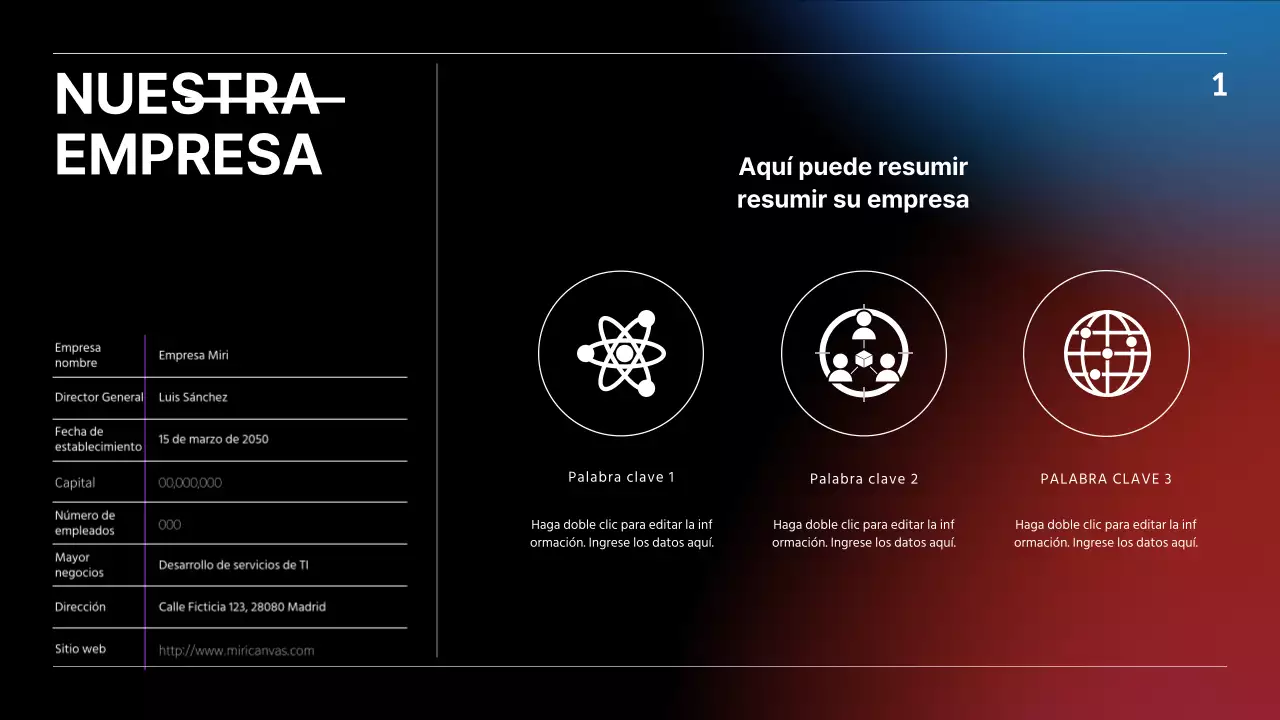 Presentación IR con gradiente negro, azul y rojo concepto de negocio