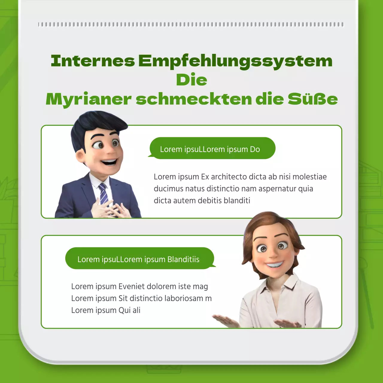 Grüne einfache Linie Illustration und 3D Mitarbeiter Karte Kombination Thema für die Einführung der internen Empfehlungssystem