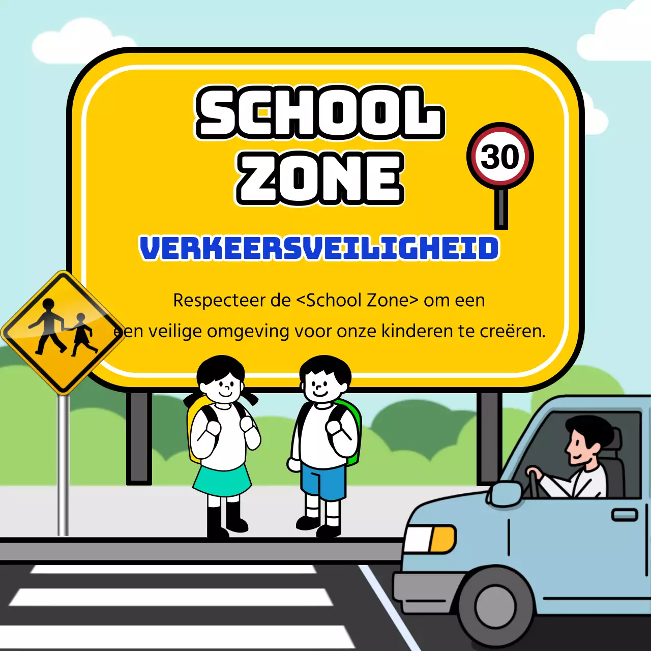 Tips voor verkeersveiligheid in schoolzone met geel en blauw bordconcept