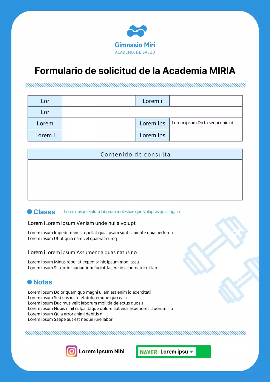 Formulario de solicitud de admisión en una escuela de educación física de color azul claro