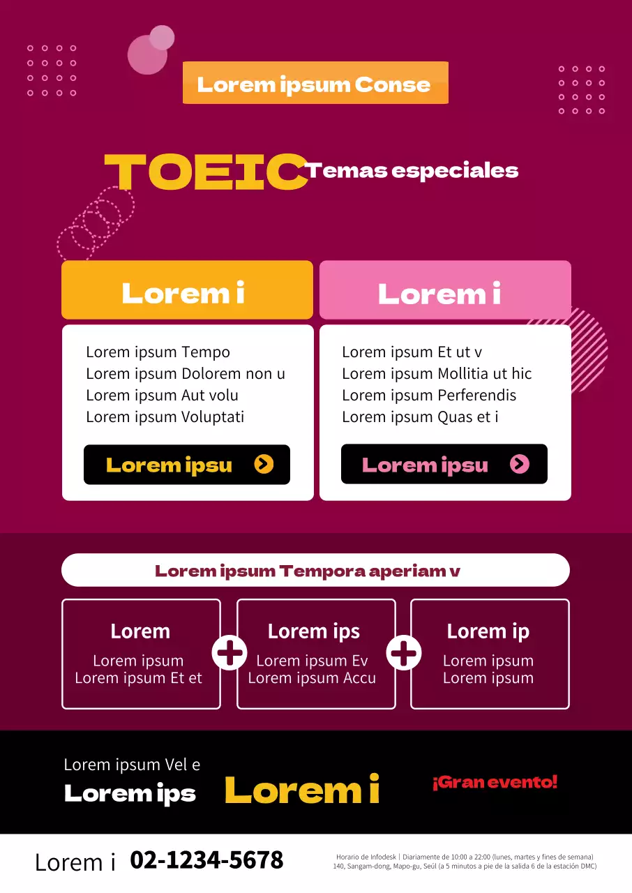 Énfasis en el texto en rojo Evento especial TOEIC ordenado Promoción escolar