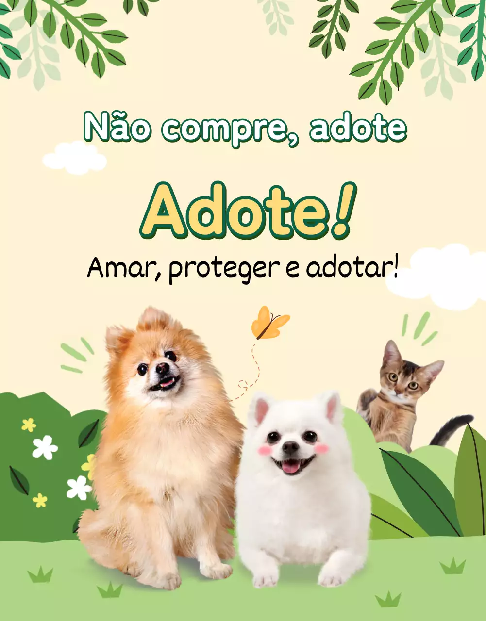 Página verde e amarela de pormenores sobre a adoção de animais de estimação