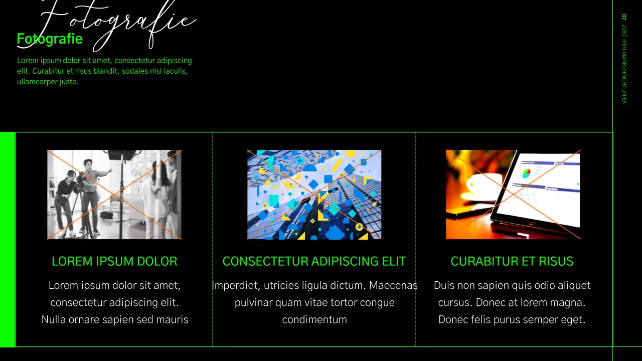 Leitlinien zur Markenidentität in einem lindgrünen und schwarzen Rasterformat