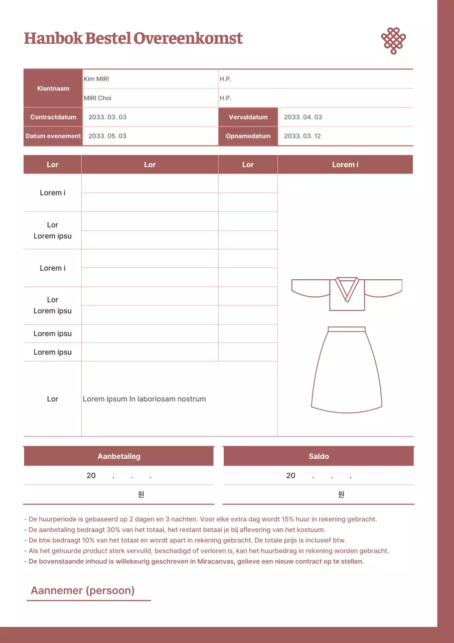 Bruin traditioneel en eenvoudig zakelijk hanbok bestelcontract